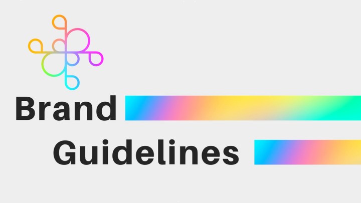 "Brand Guidelines" Create template number one with colorful rainbow gradient rectangular lines and same colored logo against grey background