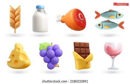 Food cartoon 3d vector icon set. Ear of wheat, milk, meat, fish, cheese, grapes, chocolate, glass of wine Stock Vector