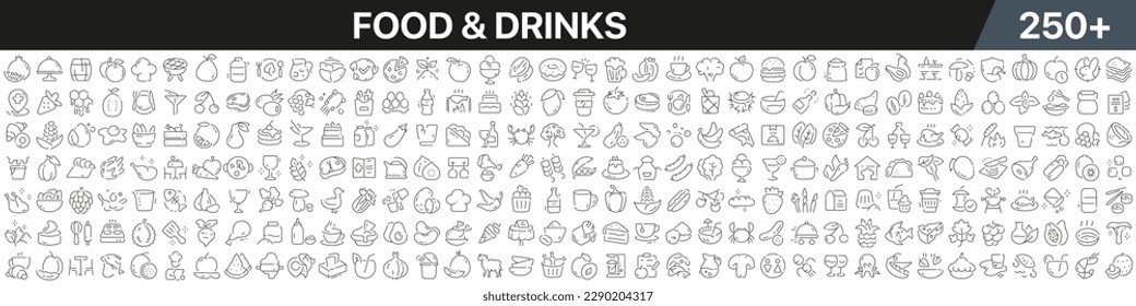 Food and drinks linear icons collection. Big set of more 250 thin line icons in black. Food and drinks black icons. Vector illustration Stock Vector