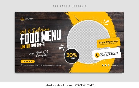 Fast food restaurant menu social media marketing web banner template design. Pizza, burger and healthy food business online promotion flyer with abstract background, logo and icon. Sale cover. Stock Vector