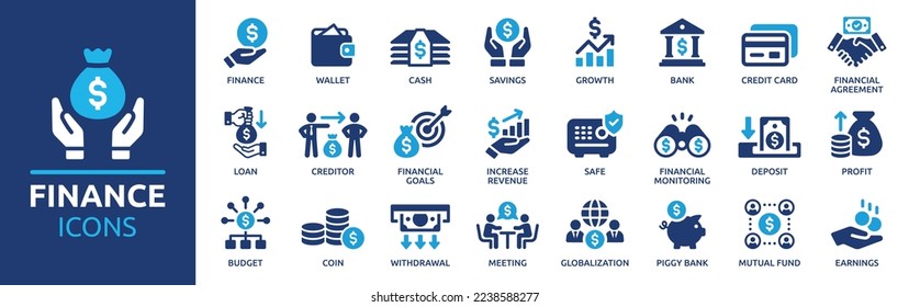 Finance icon set. Containing loan, cash, saving, financial goal, profit, budget, mutual fund, earning money and revenue icons. Solid icons collection. Stock Vector