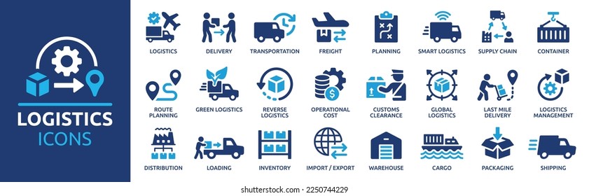 Logistics icon set. Containing distribution, shipping, transportation, delivery, cargo, freight, route planning, supply chain, export and import icons. Solid icon collection. Stock Vector