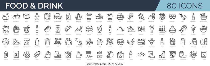 Set of 80 outline icons related to food and drink. Linear icon collection. Editable stroke. Vector illustration Stock Vector