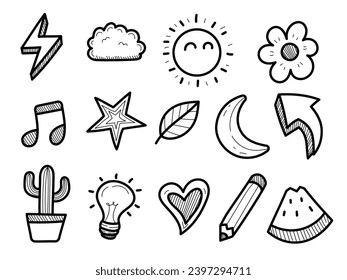 Set of miscellaneous doodle illustration on white background. Hand-drawn miscellaneous elements collection Stock Vector
