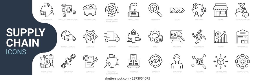 Set of line icons related to supply chain, value chain, logistic, delivery, manufacturing, commerce. Outline icon collection. Vector illustration. Editable stroke Stock Vector