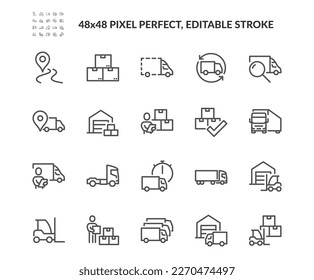 Simple Set of Truck Logistics Related Vector Line Icons. 
Contains such Icons as Cargo Inspection, Route, Forklift at warehouse and more. Editable Stroke. 48x48 Pixel Perfect. Stock Vector