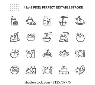 Simple Set of Meal Related Vector Line Icons. Contains such Icons as Fruit Basket, Noddles, Healthy Smoothies and more. Editable Stroke. 48x48 Pixel Perfect. Stock Vector