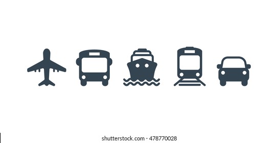 Transport icons. Airplane, Public bus, Train, Ship/Ferry and auto signs. Shipping delivery symbol. Air mail delivery sign. Vector Stock Vector