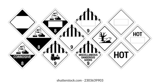 Vector hazardous material signs. Globally Harmonized System warning signs. Corrosive Materials and Miscellaneous. Class 8 and 9. Hazmat isolated placards Stock Vector