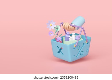 3d basket hanging on wrist with miscellaneous isolated on pink background. enjoy shopping concept, 3d render illustration  Stock Illustration