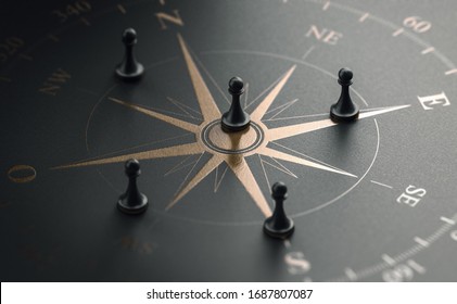 3D illustration of a golden compass rose over black background with five pawns. Business strategy and guidance concept Stock Illustration