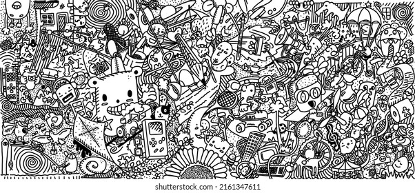 Miscellaneous scene with random drawings, like animals, people, videogames, nature, planes and transport, foods and space stuff, etc. Stock Illustration