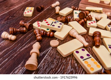 A variety of board game pieces. A background miscellaneous board game pieces. Stock Photo