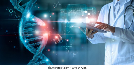 Abstract luminous DNA molecule. Doctor using tablet and check with analysis chromosome DNA genetic of human on virtual interface. Medicine. Medical science and biotechnology. Stock Photo