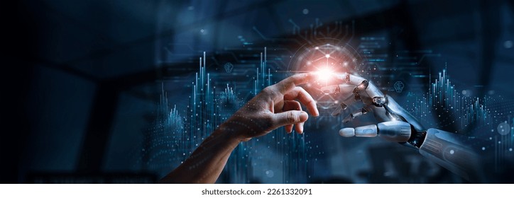 AI, Machine learning, Hands of robot and human touching on big data network connection, Data exchange, deep learning, Science and artificial intelligence technology, innovation of futuristic. Stock Photo