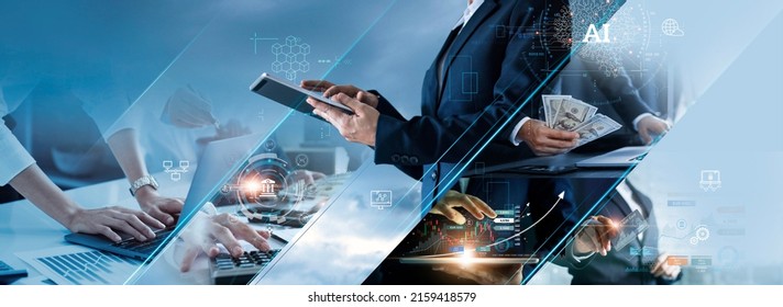 Business and economic growth on global business network, Data analysis of financial and banking, Stock, AI, Technology and data connection, Security, Blockchain and Networking, Business strategy.  Stock Photo