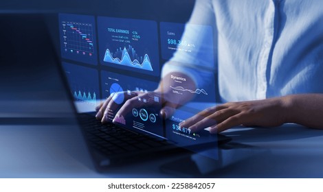 Business finance data analytics graph.Financial management technology.Advisor using KPI Dashboard on virtual screen. Stock Photo
