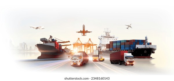 Global business logistics import export of containers cargo freight ship loading at port by crane, container transport, cargo plane, truck to port background Stock Photo