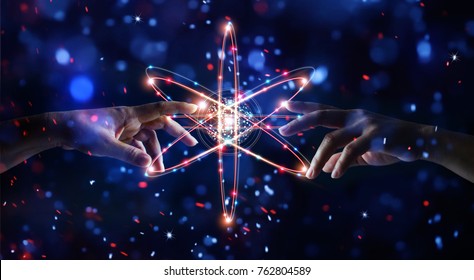 
Hands touching science and network connection and data exchanges on glitter bright lights colorful  background Stock Photo