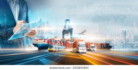 Innovation technology digital future of logistics freight transportation import export concept, Manager using tablet control online tracking cargo delivery distribution on city world map background Stock Photo