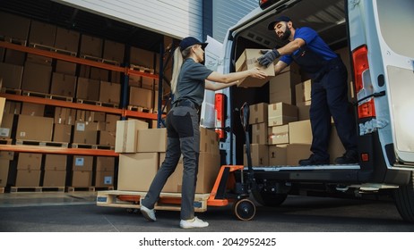 Outside of Logistics Distributions Warehouse: Diverse Team of Workers use Hand Truck Loading Delivery Van with Cardboard Boxes, Online Orders,  E-Commerce Purchases. Stock Photo