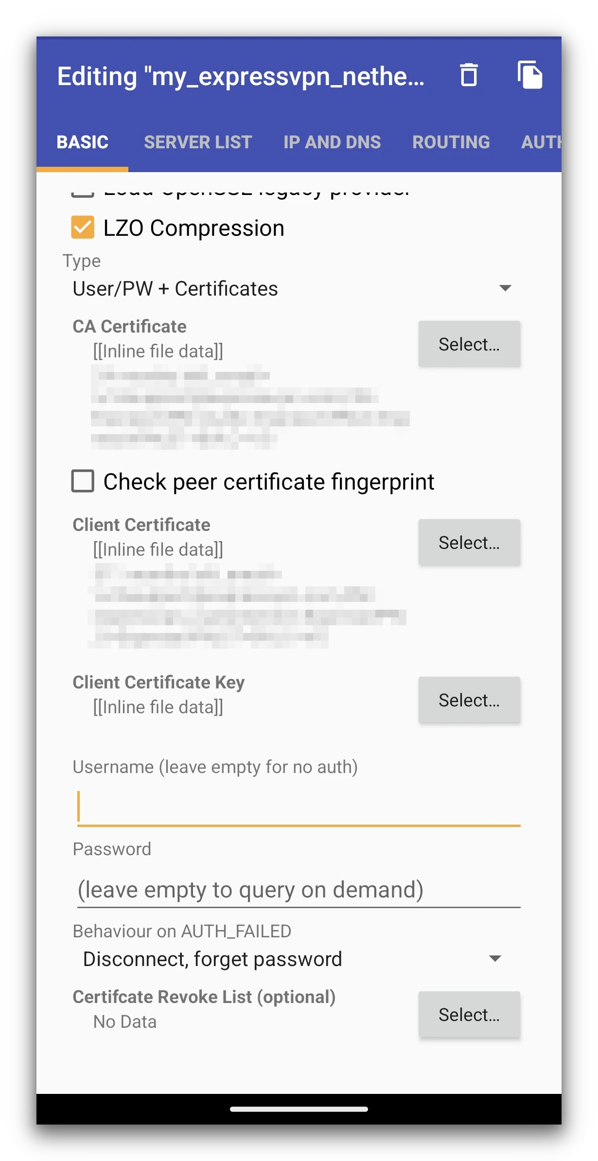 OpenVPN for Android user credentials