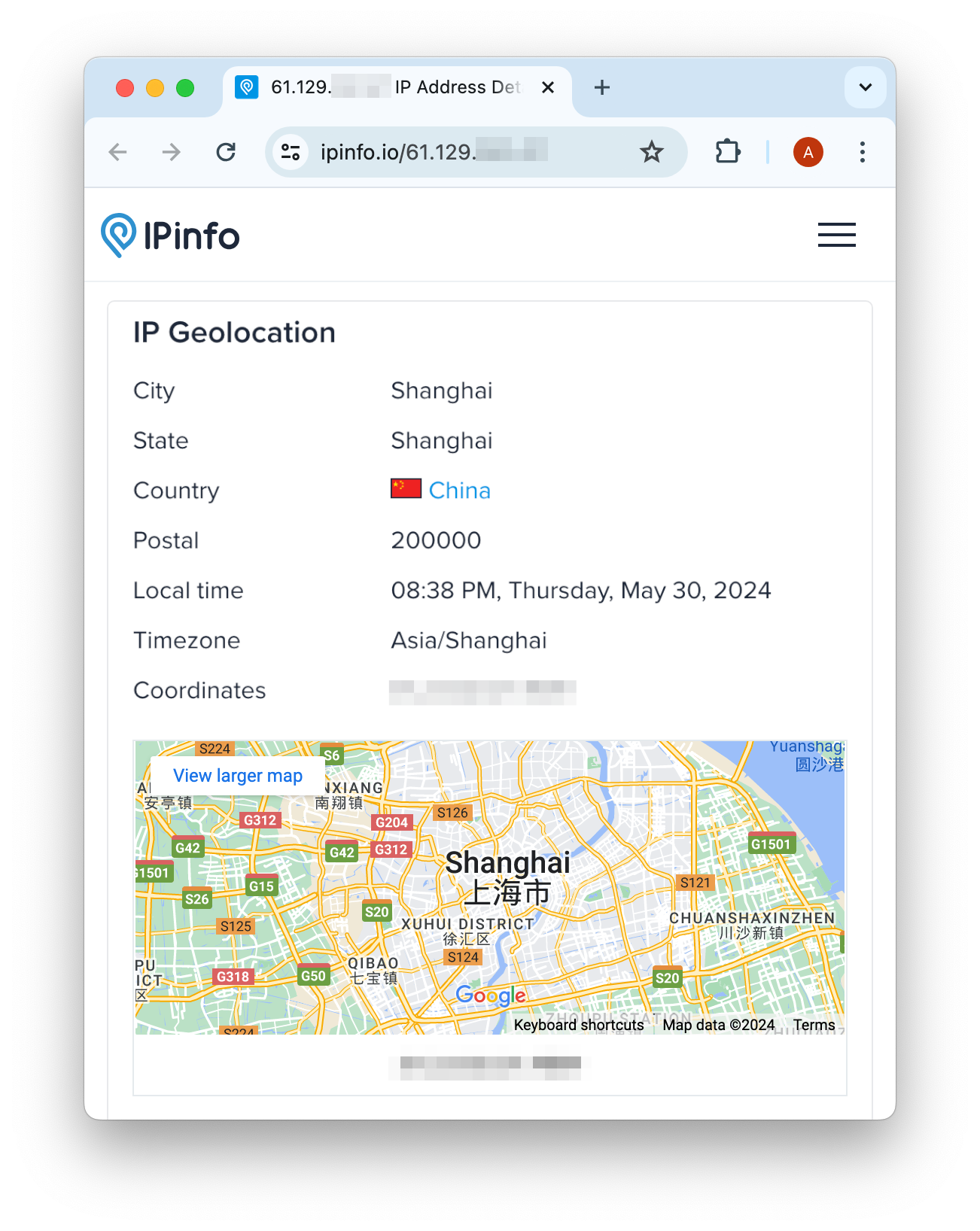Our IP geolocation in Shanghai, China. 