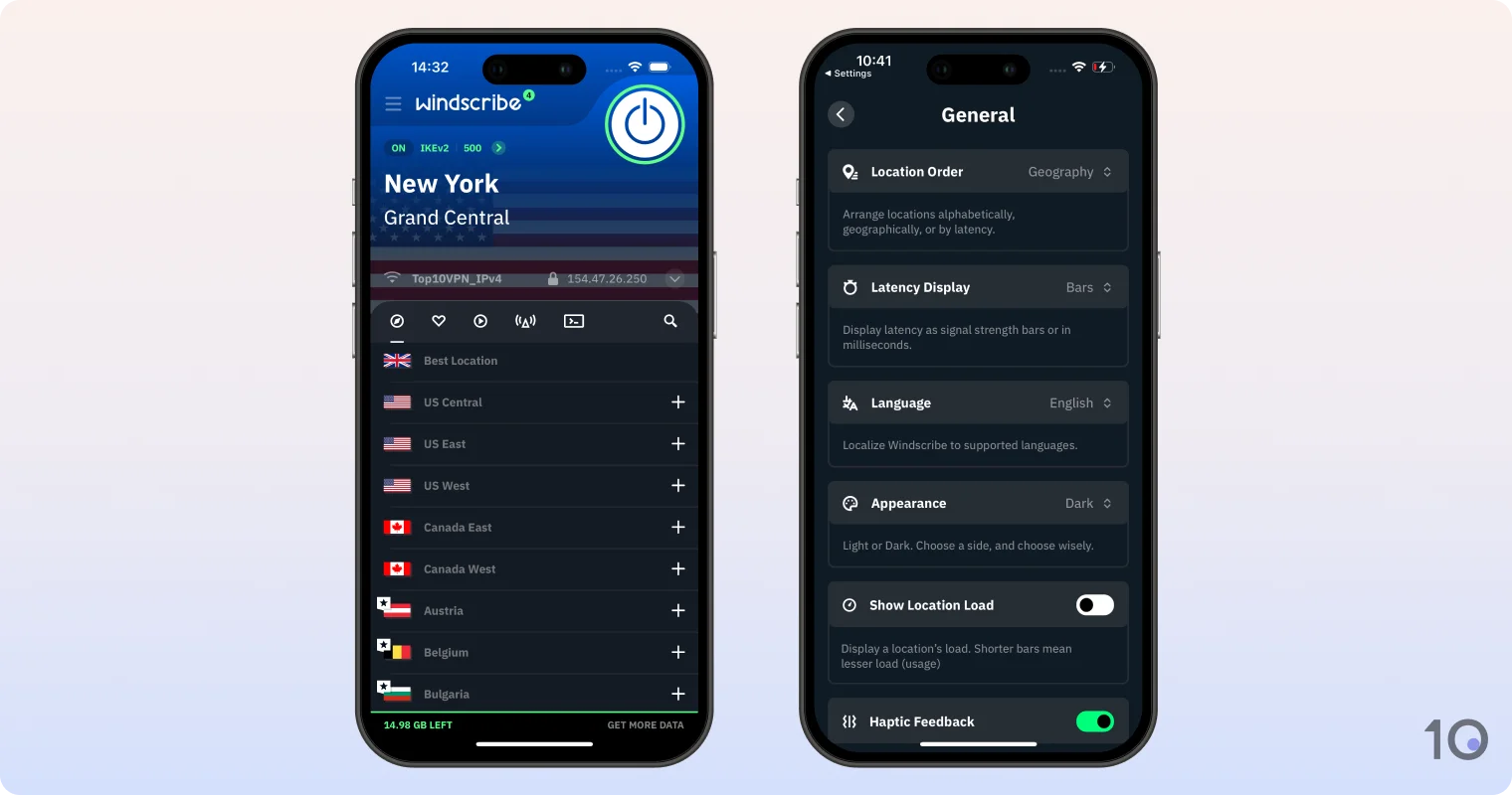 Windscribe Free's VPN app for iOS