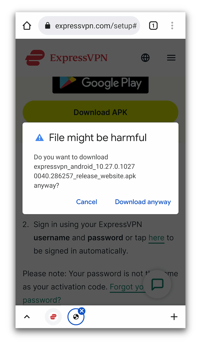 A popup warning against downloading an APK file onto your Android