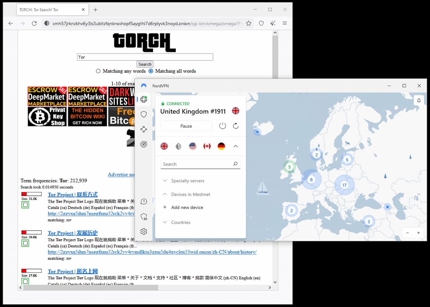 Screenshot of NordVPN connected to a server in the UK, while Tor browser is open on Torch.onion sit.