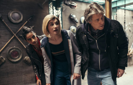 Mandip Gill as Yaz, Jodie Whittaker as The Doctor, John Bishop as Dan in Doctor Who