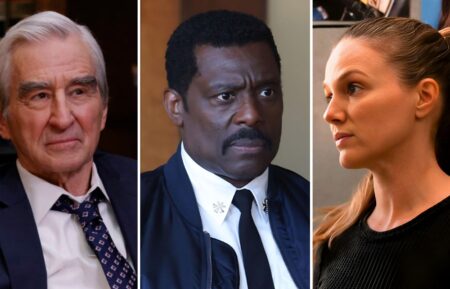 Sam Waterston as Jack McCoy in 'Law & Order,' Eamonn Walker as Wallace Boden in 'Chicago Fire,' and Tracy Spiridakos as Hailey Upton on 'Chicago P.D.'
