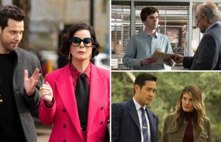 Skylar Astin as Todd and Marcia Gay Harden as Margaret in 'So Help Me Todd,' Freddie Highmore as Shaun and Richard Schiff as Glassman in 'The Good Doctor,' and Raymond Lee as Ben and Caitlin Bassett as Addison in 'Quantum Leap'