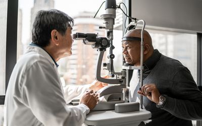 An eye health provider examining the eyes of an older Black adult patient.