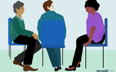 An illustration of a counseling group of people listening to each other. 
