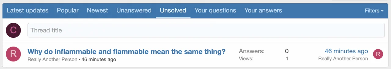 Question forum filtered to show unsolved questions
