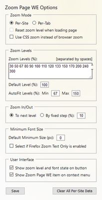 Zoom Page WE - options page