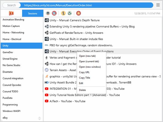 Press left click to access aditional context menus for sessions or bookmarks