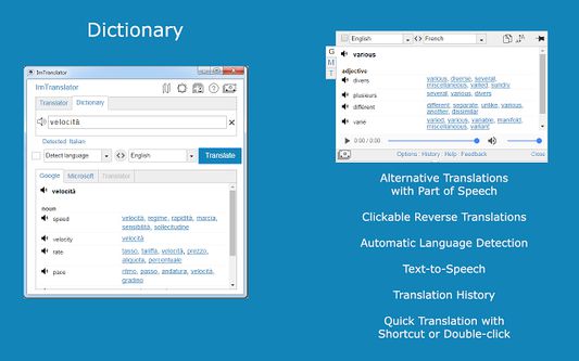 ImTranslator Dictionary translates single words and displays alternative translations along with its part of speech.
In addition to the translation variants, each dictionary entry displays a set of reverse translations into the original language, if available.