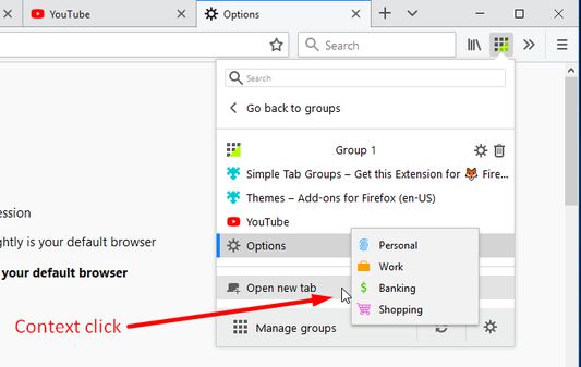 Context menu when click on "Open new tab"