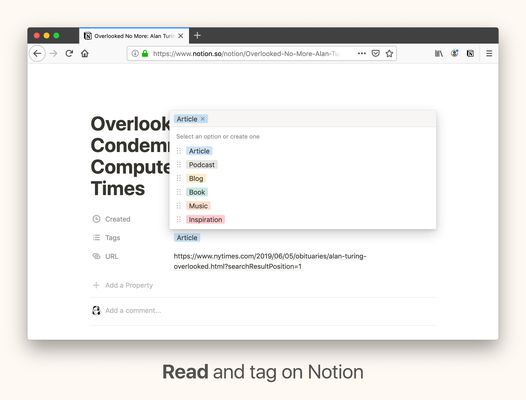Read and tag articles on Notion. The Web Clipper saves webpage content into your workspace.