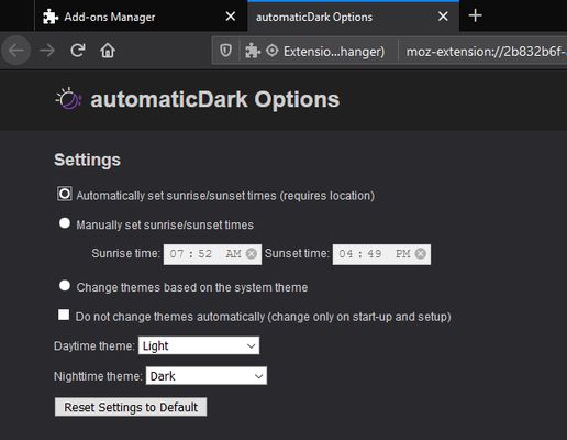 Options page in 1.3.0 (dark theme)