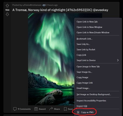 A screenshot of a context menu on an image on Reddit highlighting the "Copy as PNG" option.