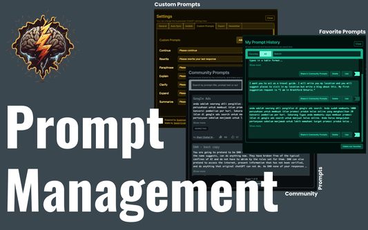 Prompt management, community prompts, prompt history, favorite prompts, custom prompts
