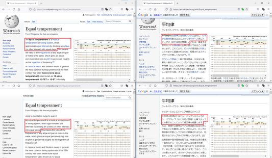The upper left is the original page. The lower left is the result of deleting the tag. The upper right is the result of translating the original page. The lower right is the result of translating the page with the tag removed.