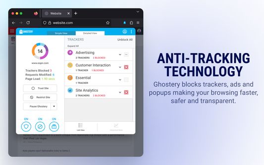Anti-Tracking technology
Ghostery blocks trackers, ads and popups making your browsing faster, safer and transparent.