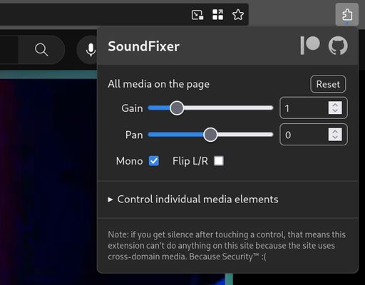 SoundFixer popup showing Gain (volume), Pan (balance), Mono, Flip L/R controls for a YouTube video
