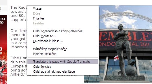 Az egész oldal fordítása: jobb-klikk az oldalon, kattints az "Oldal fordítása Google Fordítóval" szövegre.