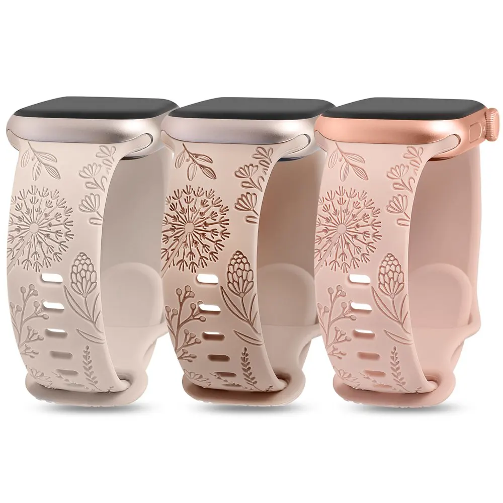 Silicone Strap For iWatch Floral Engraved Band For Apple Watch 41/40/38mm Dandelion Pattern Strap For iWatch 9/8/7/6/5/4/3/SE/2