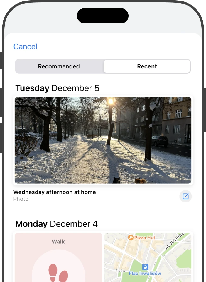 Screenshot of the 'Journaling Suggestions' feature in Stoic, powered by Apple's new API, displaying personalized prompts that inspire users to journal about life's moments. The example shows a photo prompt for 'Tuesday December 5' suggesting users to write about their experiences, capturing the essence of personal storytelling and reflection within the best journal app.